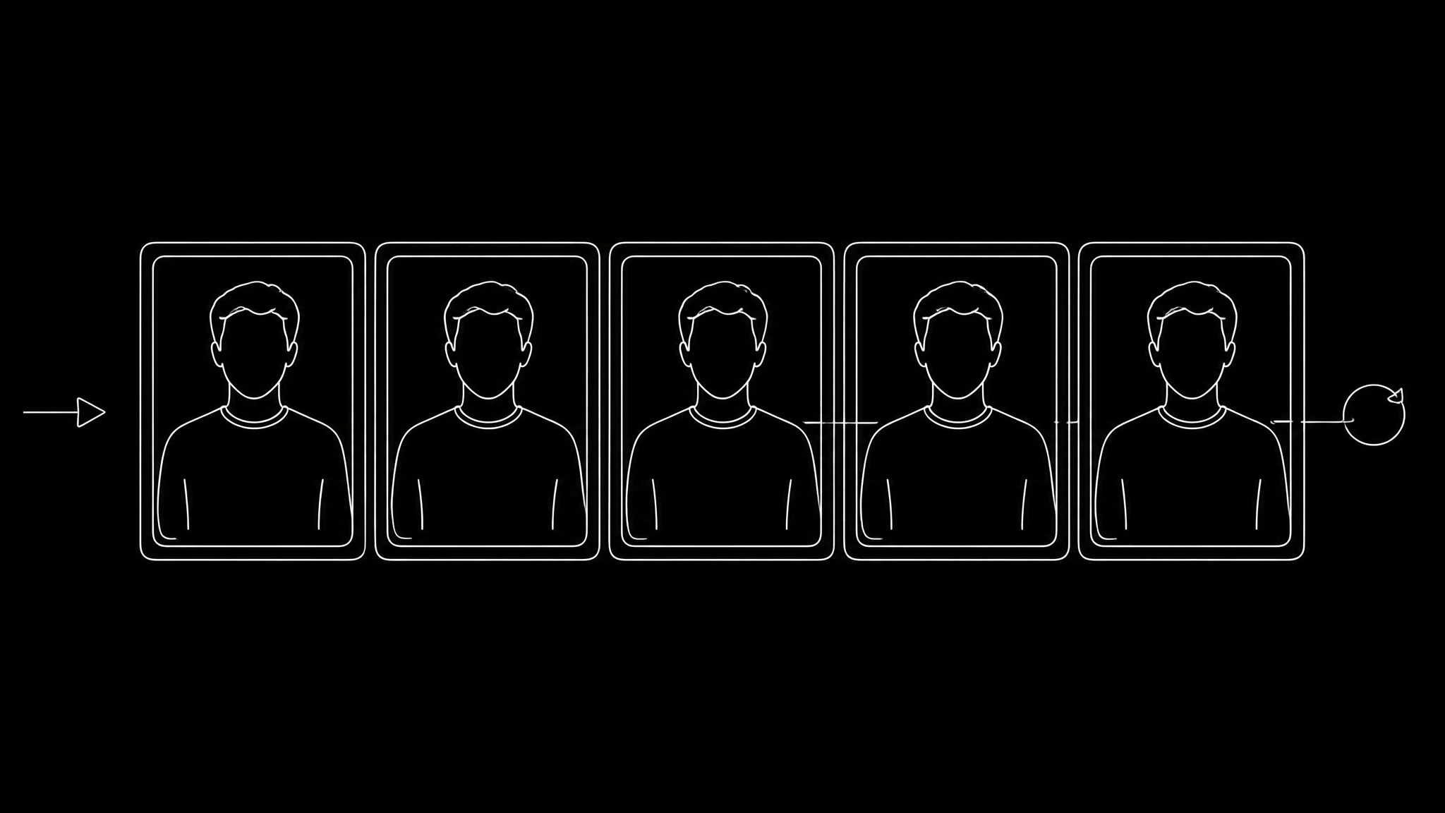 A grid of portrait frames with one repeated five times, representing a single source photo being rendered over and over because the fault was in the photo