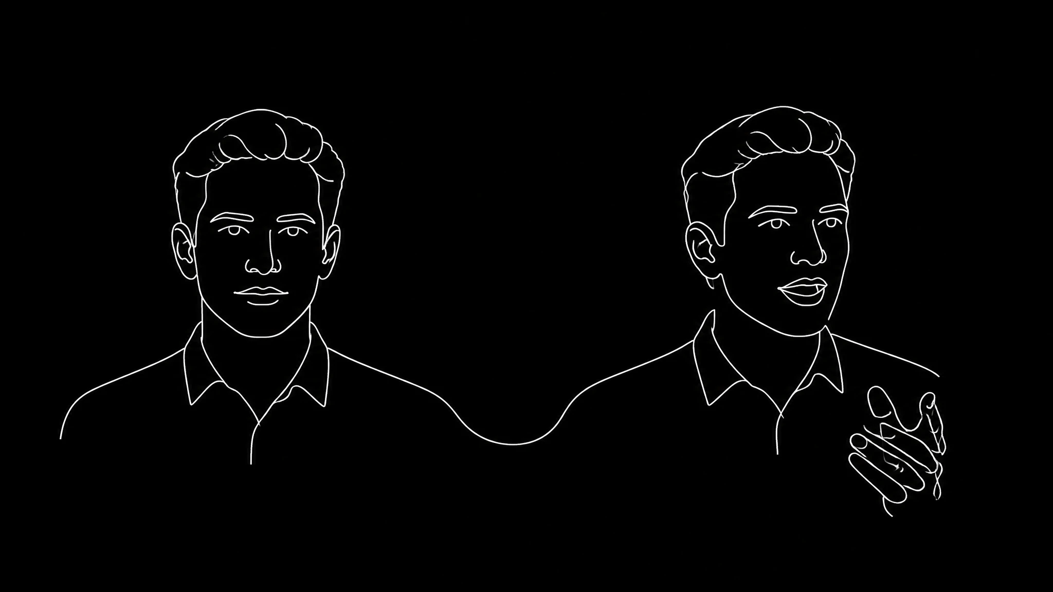A still portrait frame joined by a single continuous line to the same portrait mid-speech, showing a photo becoming a talking video