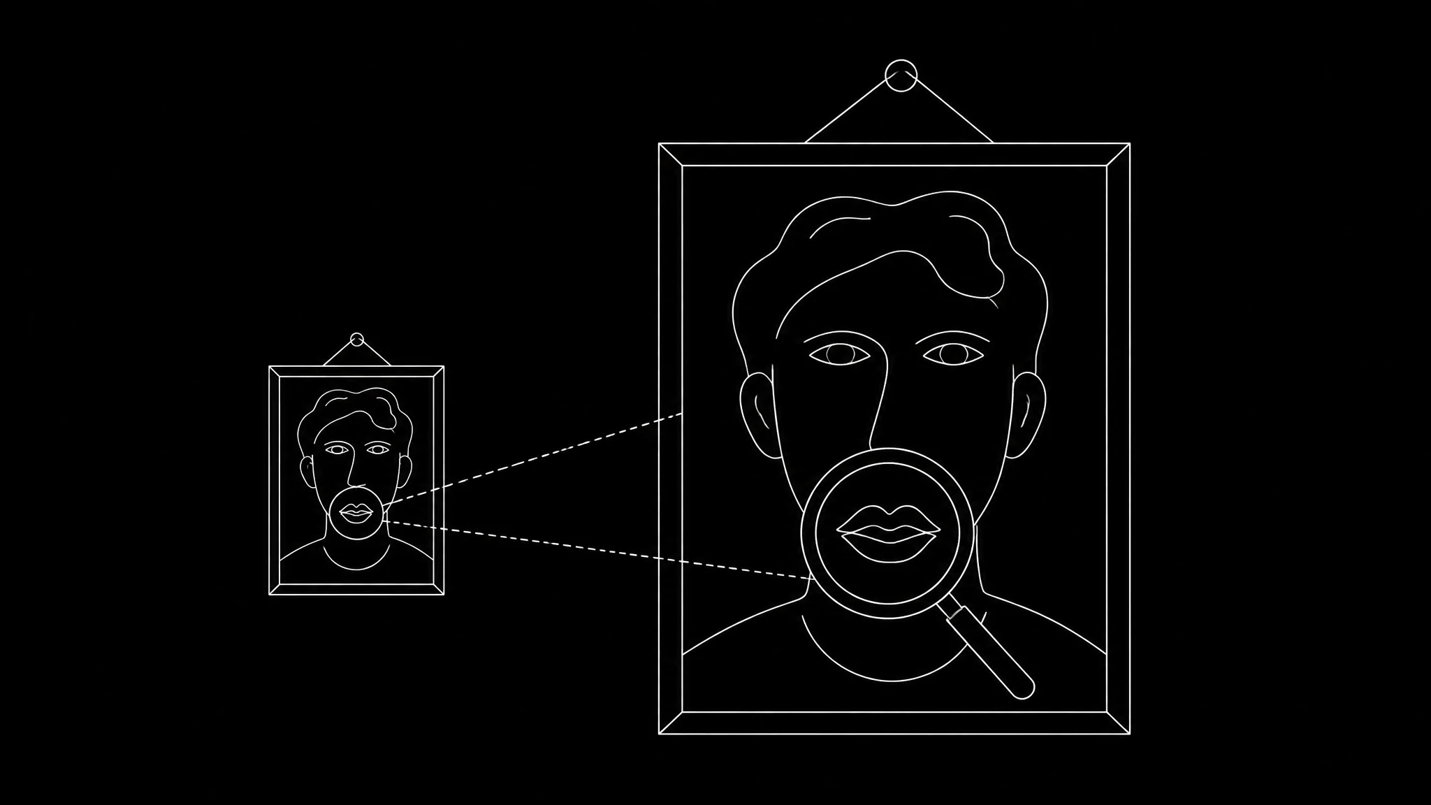 The same face shown twice in a video frame, once small with the mouth barely resolved and once filling a third of the frame, with a magnifier over the mouth showing the difference in available pixels