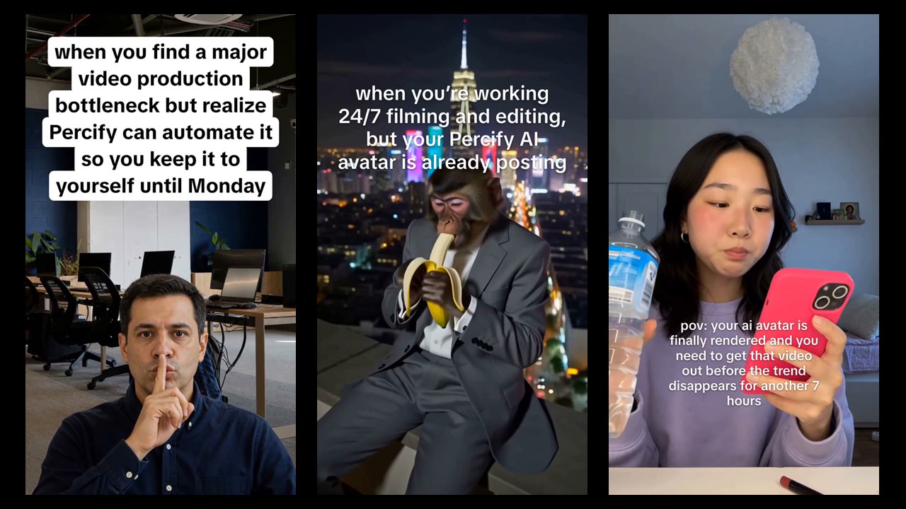 Three UGC hooks Percify rendered for percify.io: a man shushing, a monkey in a suit eating a banana and a woman holding a phone, each under a line of text about video production
