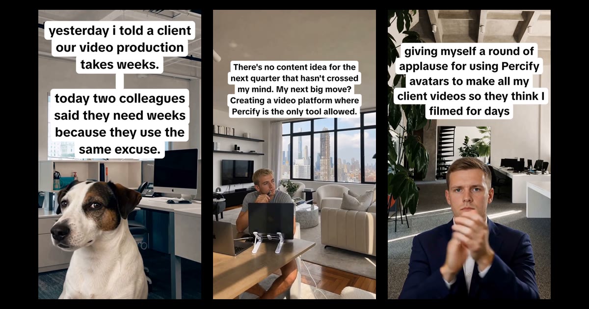 Three UGC hook clips Percify made for its own brand: a dog, a man at a laptop and a man applauding, each under a line of text about video production