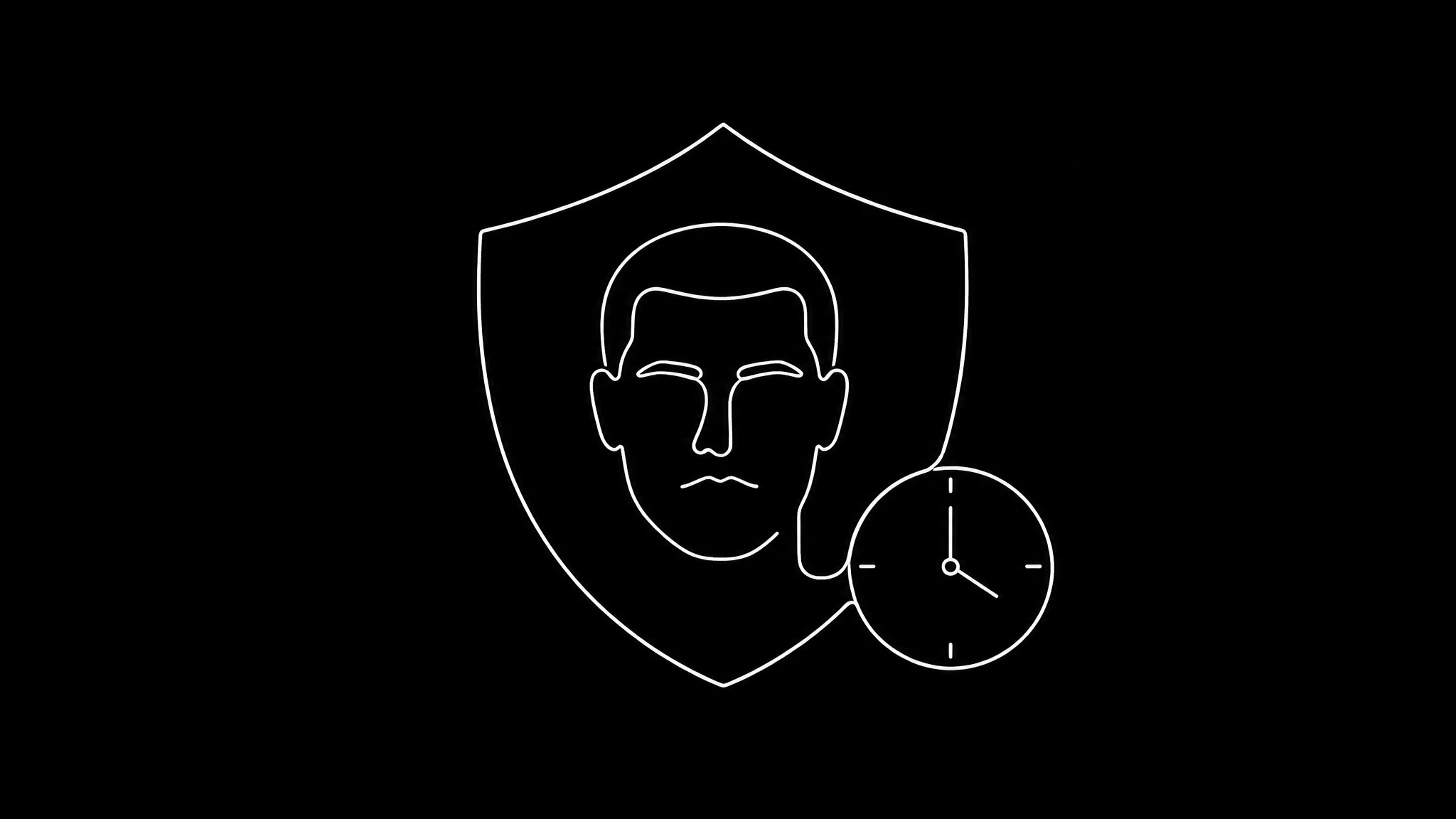 A shield outline containing a face, with a clock beside it representing how long uploaded material is retained