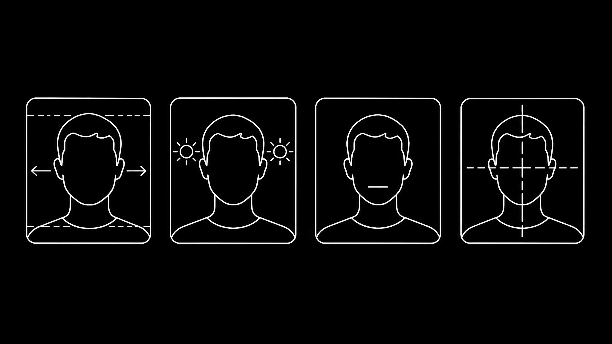 Four icons showing the source photo rules: the face filling at least a quarter of the frame width, even lighting without hard shadows, a neutral expression, and a single forward-facing head