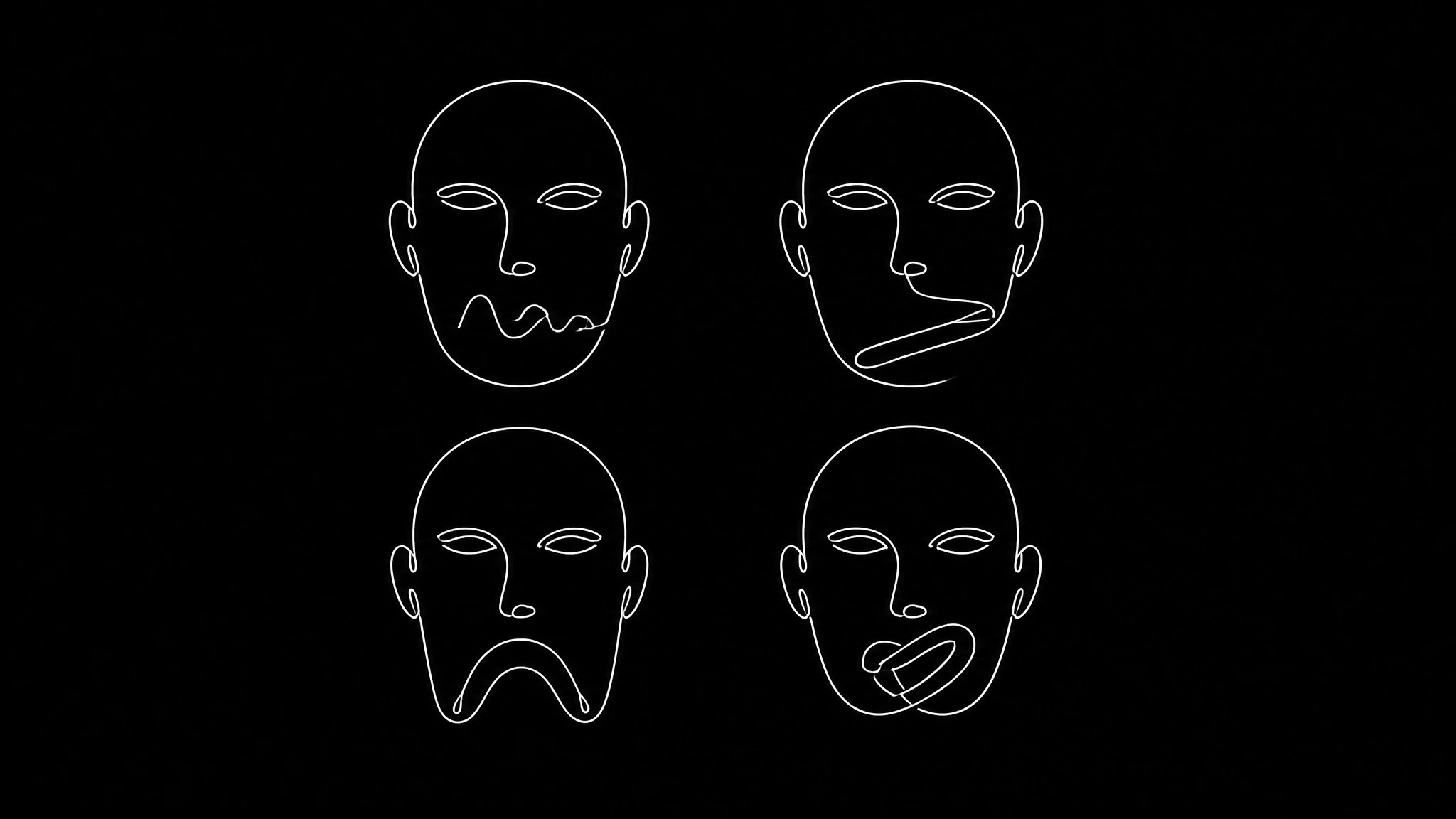 Four face outlines in a grid, each showing a different lip sync distortion: smeared mouth, sliding mouth, occluded mouth, and correct timing with wrong shapes