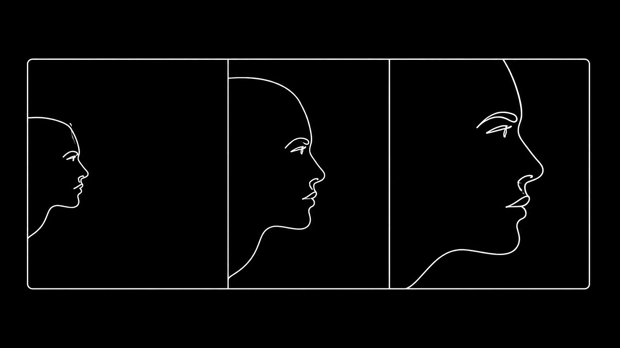 Three panels of the same frame in which the face occupies progressively more of the width, from a distant wide shot to a chest up framing