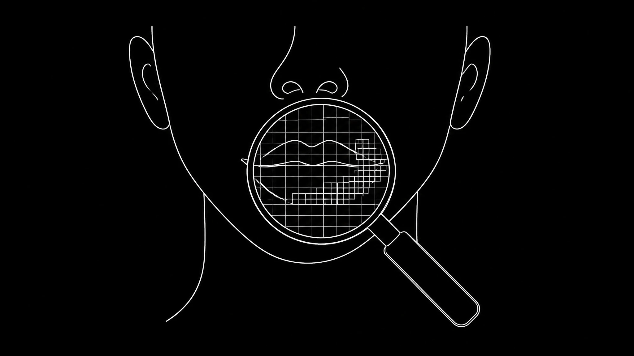 A magnifying glass over the mouth region of a face with a grid overlay showing how few pixels the model has to rebuild