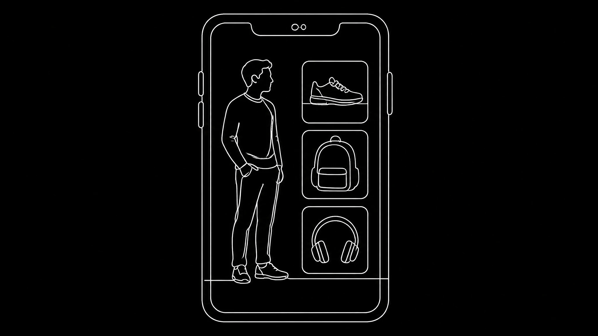 A white line drawing on black of a vertical phone frame with a person outline on the left and three small product frames stacked on the right