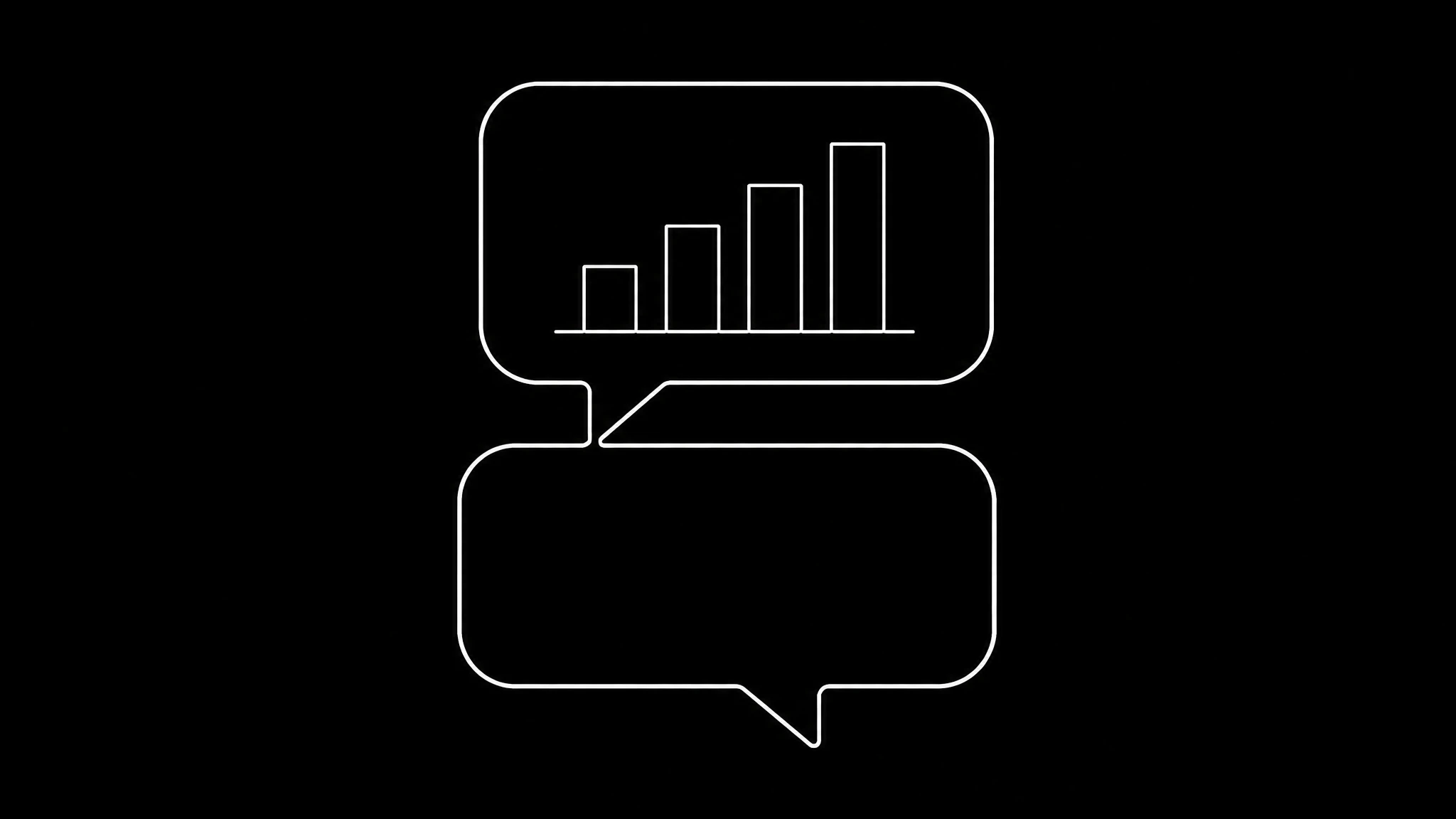 A white line drawing on black of a speech bubble containing a bar chart, sitting above a plain empty speech bubble, contrasting a claim with evidence