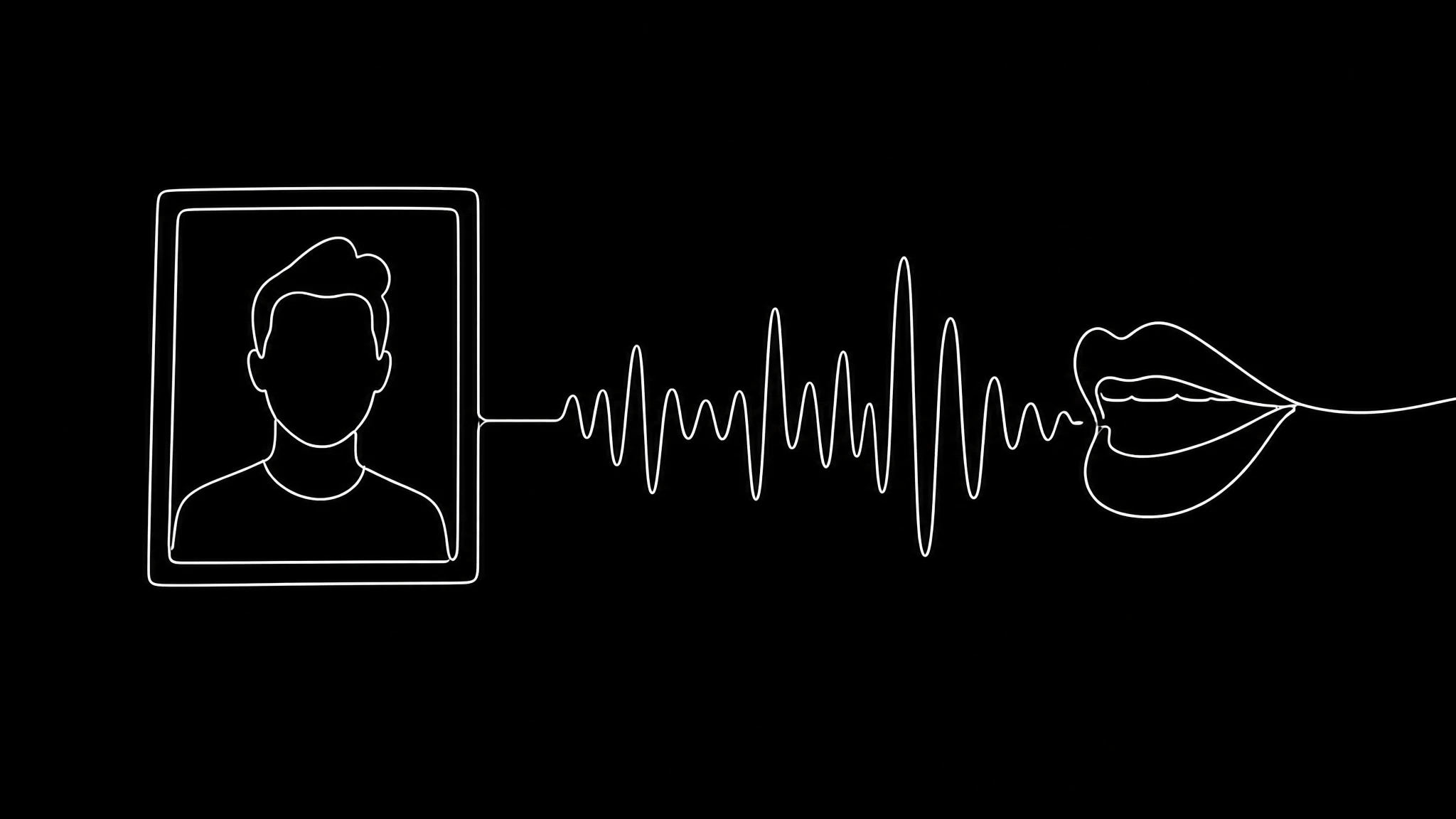 A single continuous white line drawing of a portrait photograph feeding into a waveform, the waveform emerging as an animated mouth, on a black background