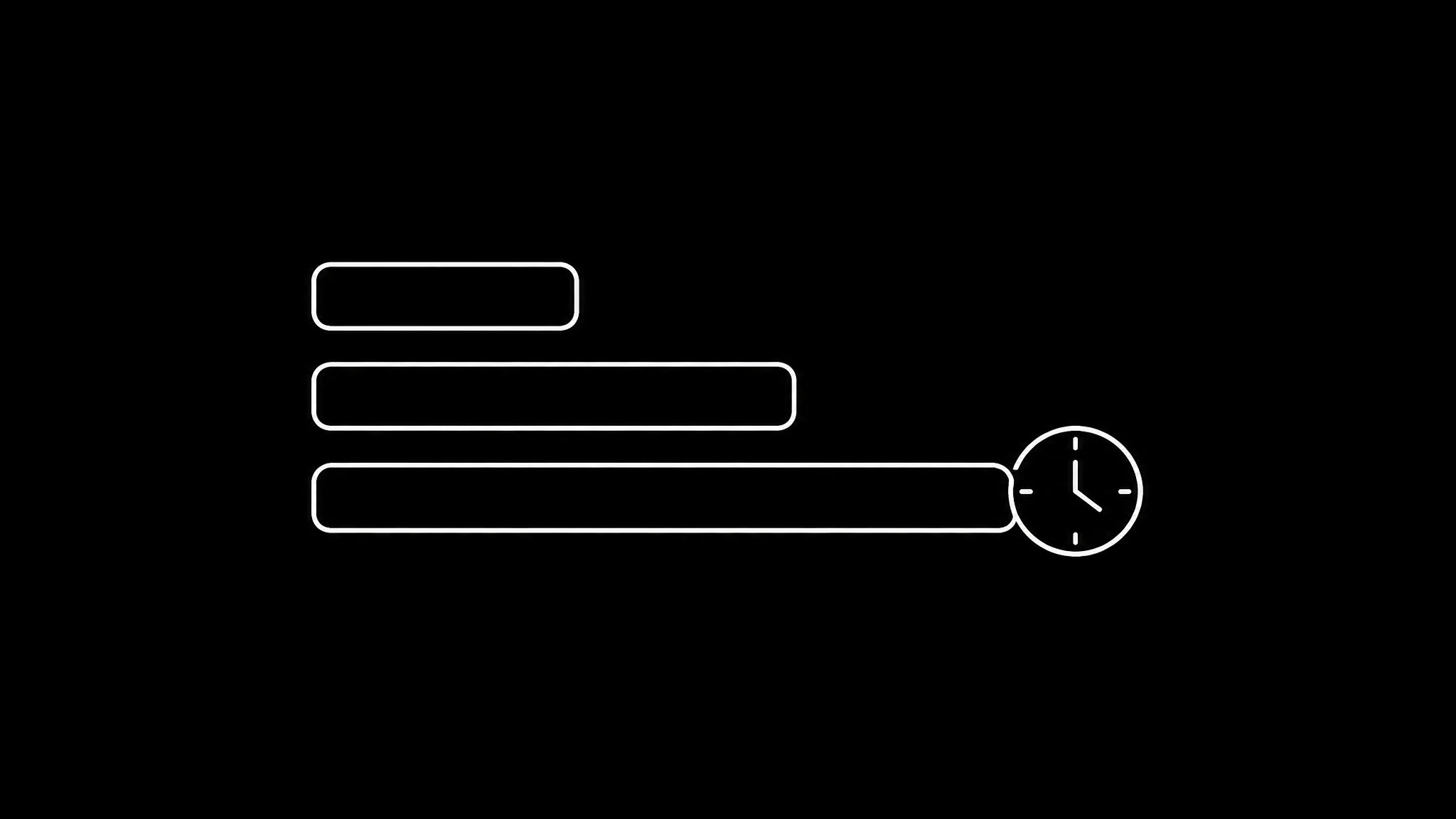 Three white outline bars of increasing length on black, representing render time growing with clip length, with a small clock motif at the end of the longest bar