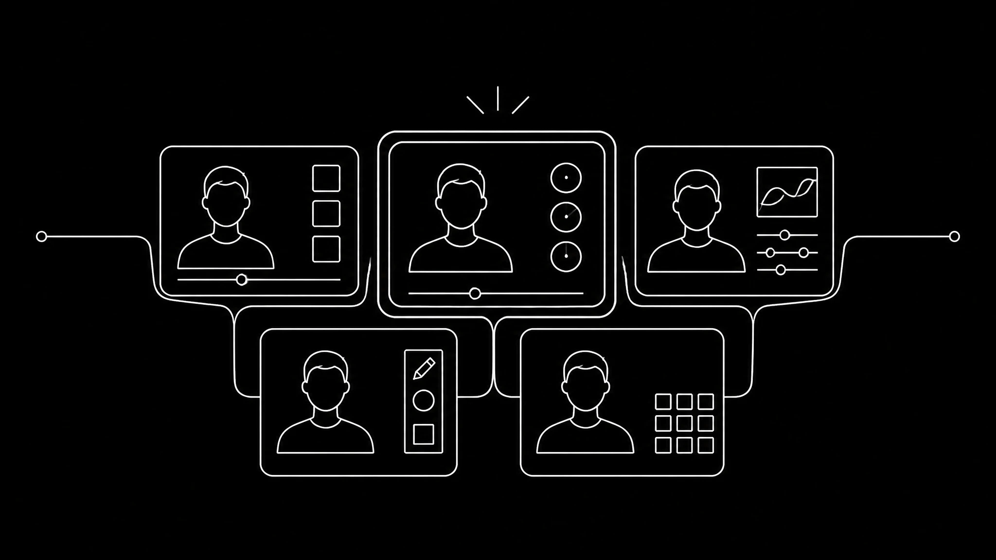 A white line grid of five small screens on black, one highlighted, representing one studio selected from a set of tools that share the same avatar