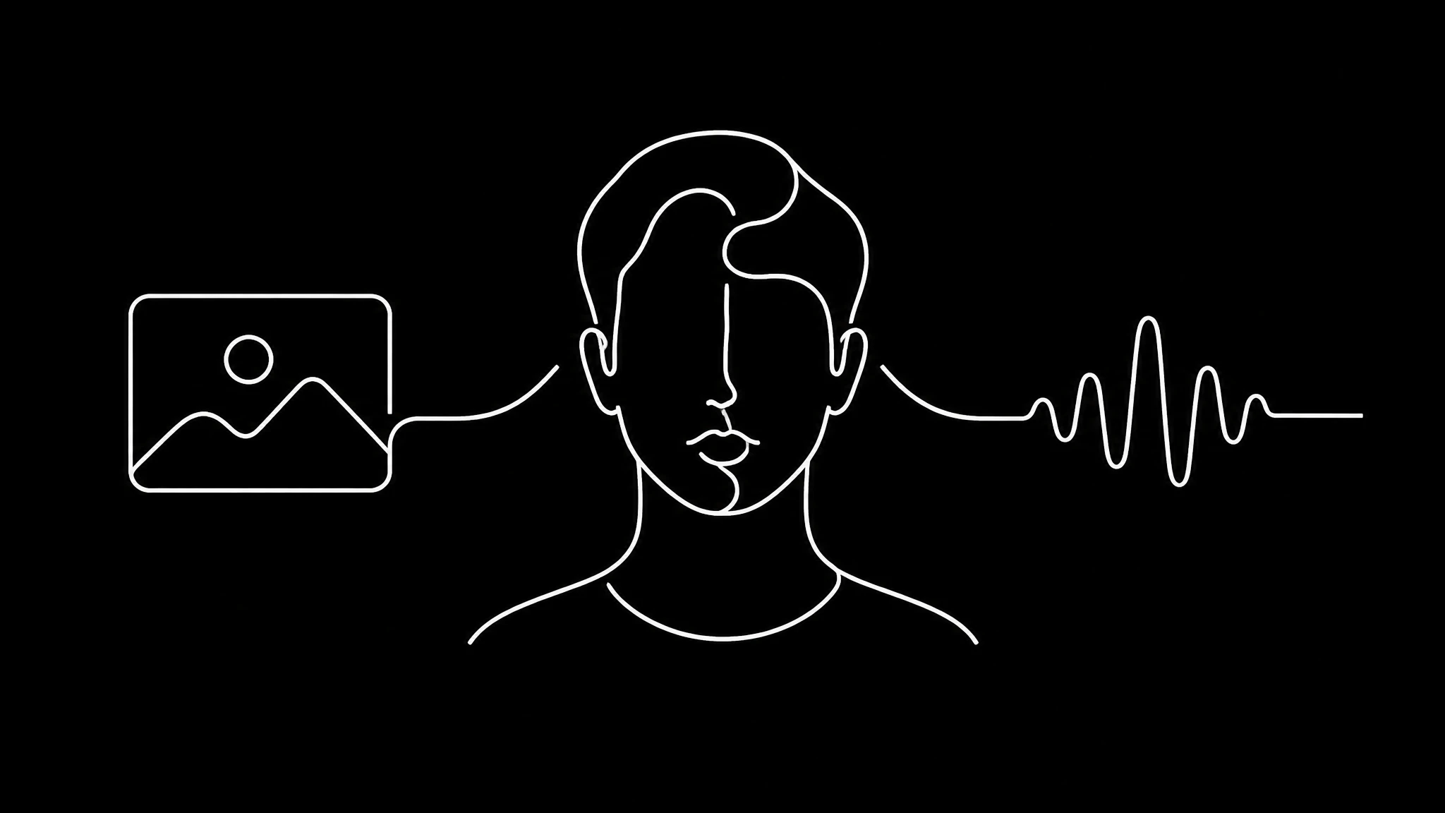 A white line drawing on black of a single photograph and a short waveform converging into one figure, representing a face and a voice becoming one avatar
