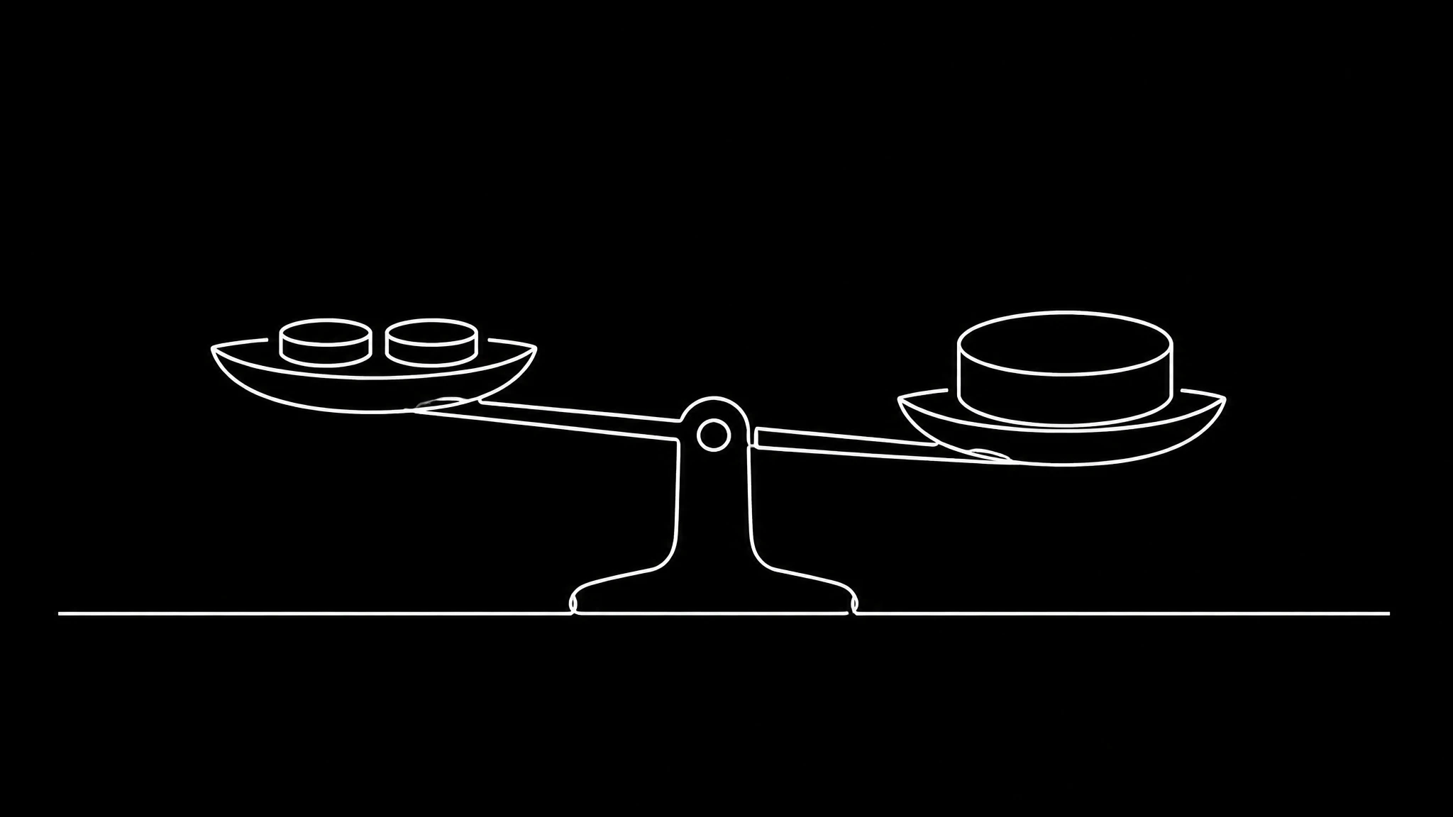 A white line drawing on black of two small tokens on the left of a scale and one large token on the right, showing a small setup cost against a larger per-video cost
