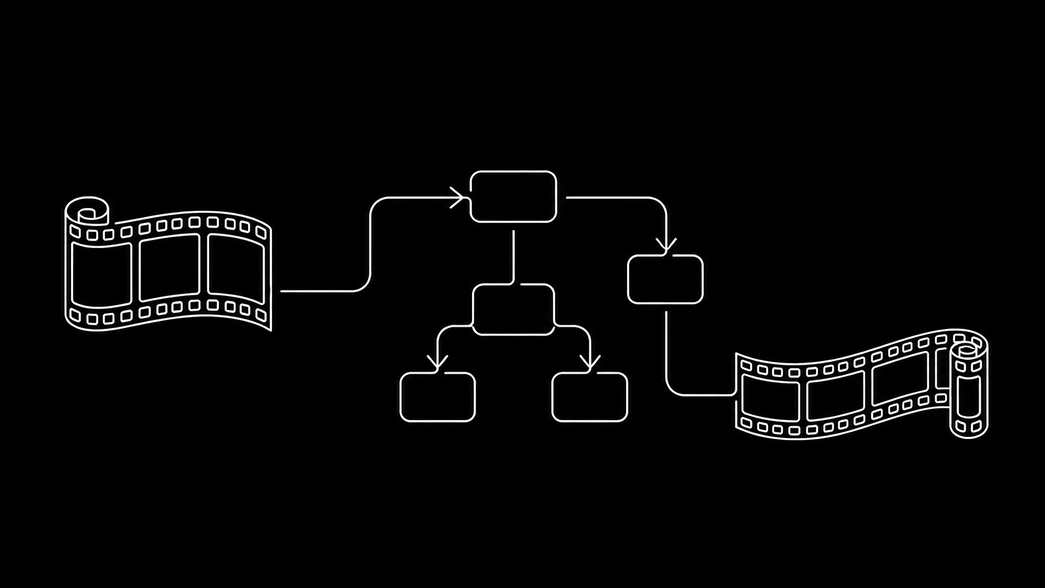 A white line drawing on black of a filmstrip being read into a diagram of boxes and arrows, then a new filmstrip being built from the diagram
