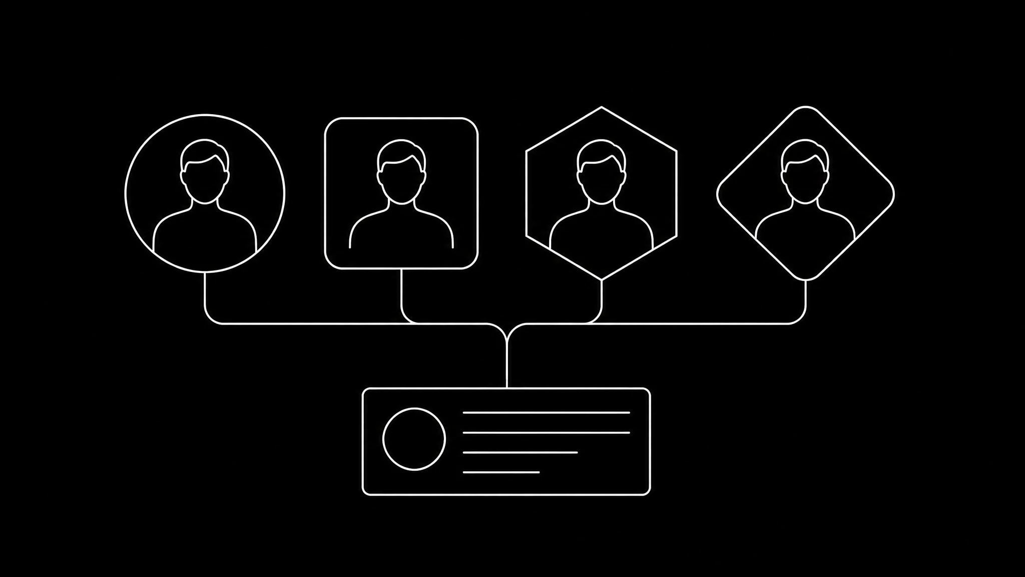 A white line drawing on black of four identical figures in a row, each inside a different frame, connected by a single line to one description card