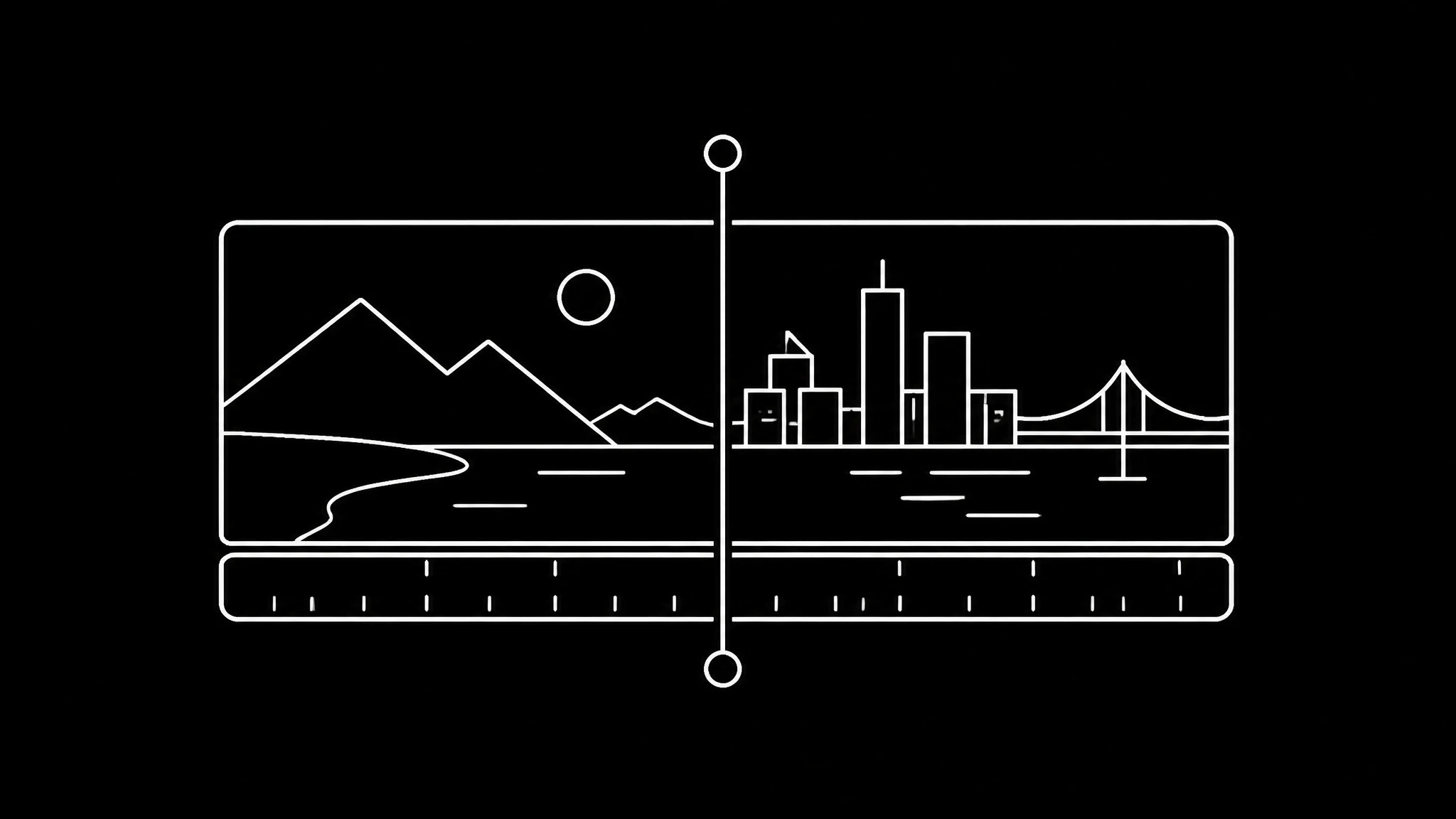 A white line drawing on black of two video frames side by side joined by a vertical playhead line, showing a synced comparison