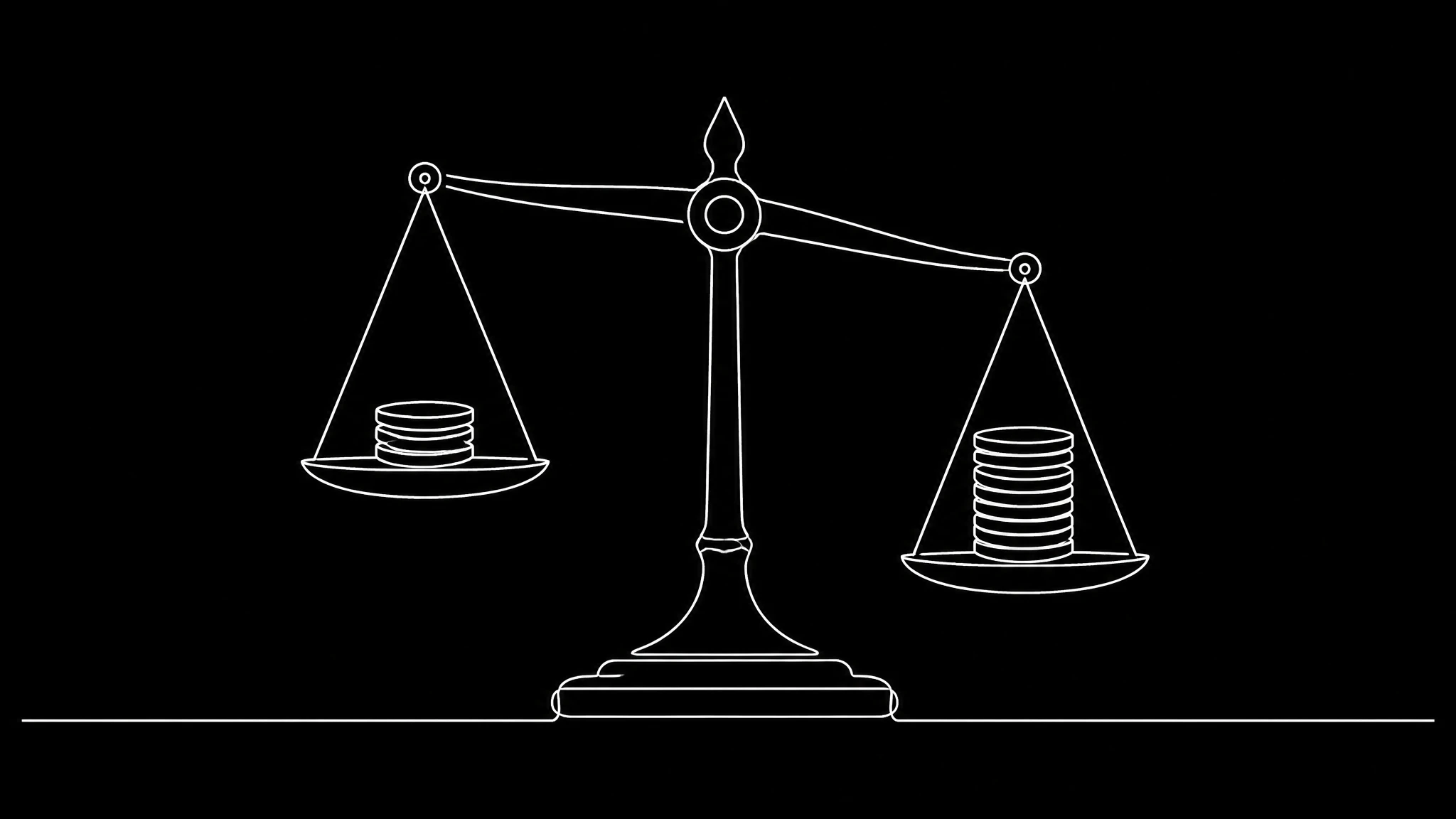 A white line drawing on black of a balance scale with a small stack of coins on one side and a larger stack on the other, representing a margin threshold