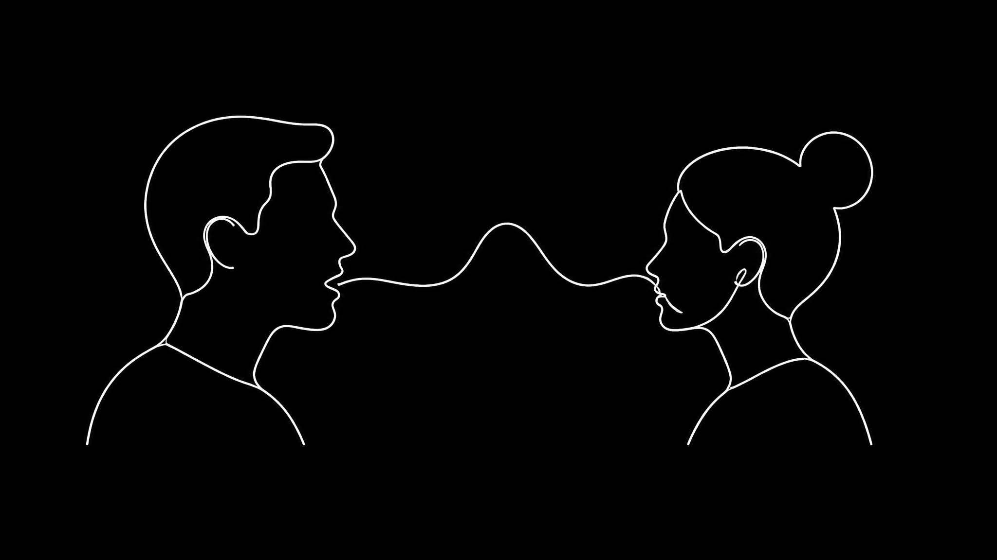 A white line drawing on black of two facing figures with a single connecting line between them, one speaking and one listening