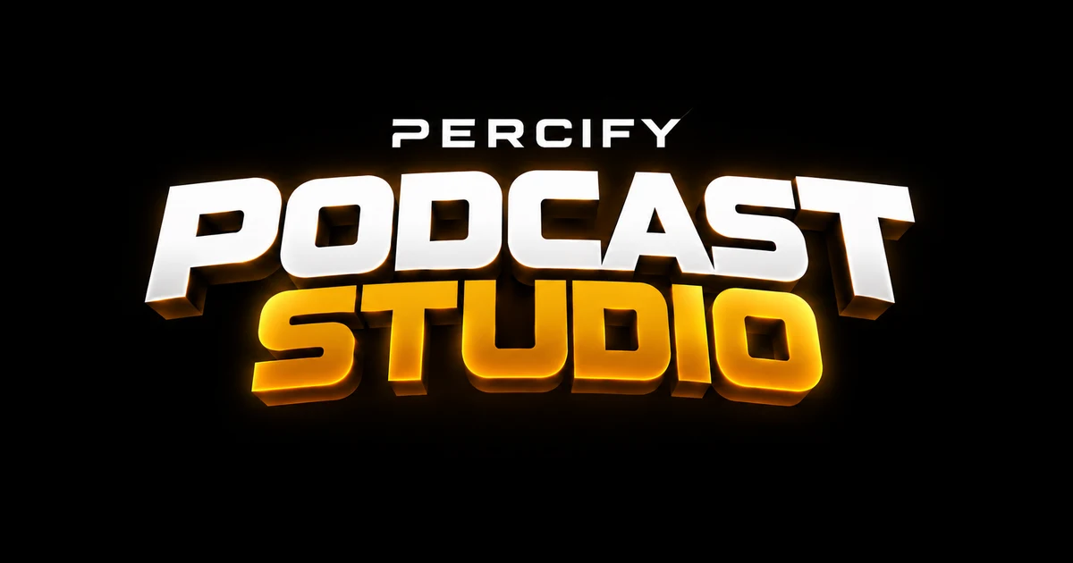 The Percify Podcast Studio title lockup, white and gold three dimensional lettering glowing against a black background