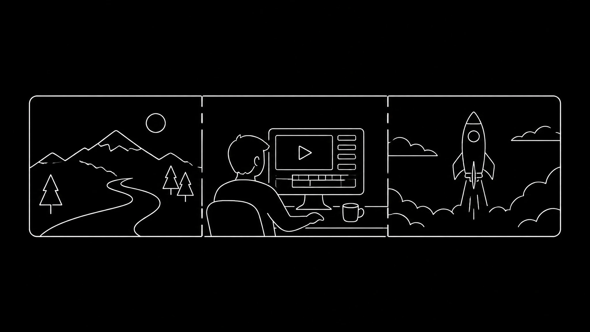 A white line drawing on black of one long rectangle divided into three panels by two vertical cut marks, representing several shots inside one generation