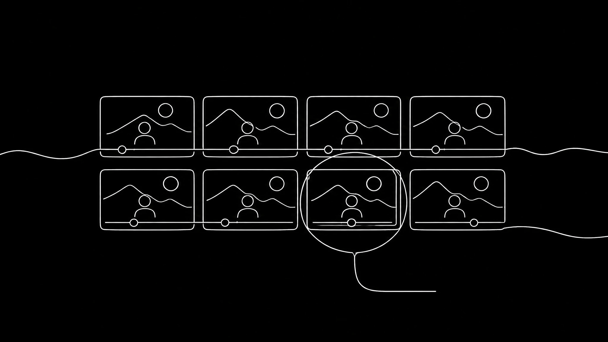 A white line drawing on black of eight small video frames arranged in a grid with one circled, representing many quick attempts and one chosen result