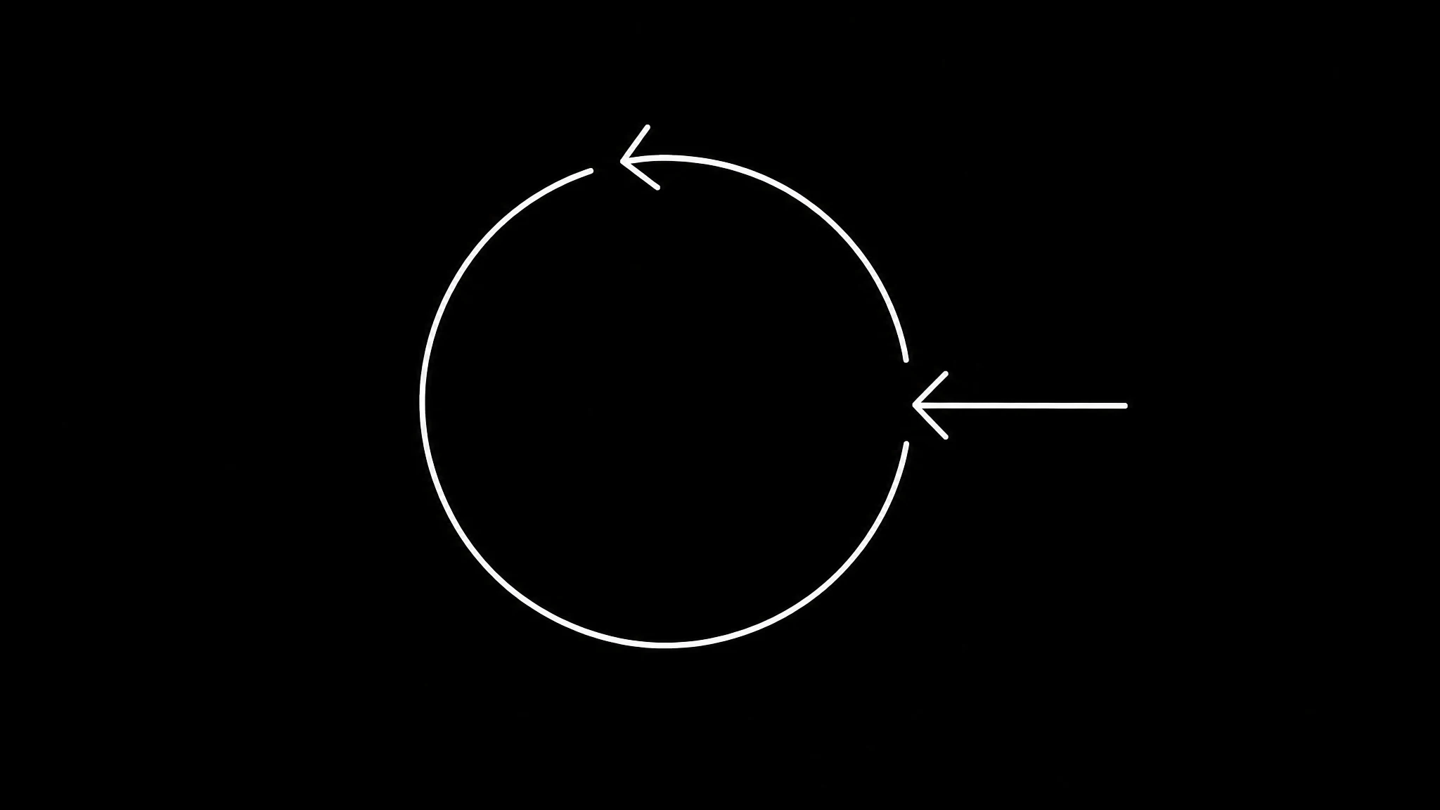 A white line drawing on black of a closed circular arrow broken open by an arrow arriving from outside it