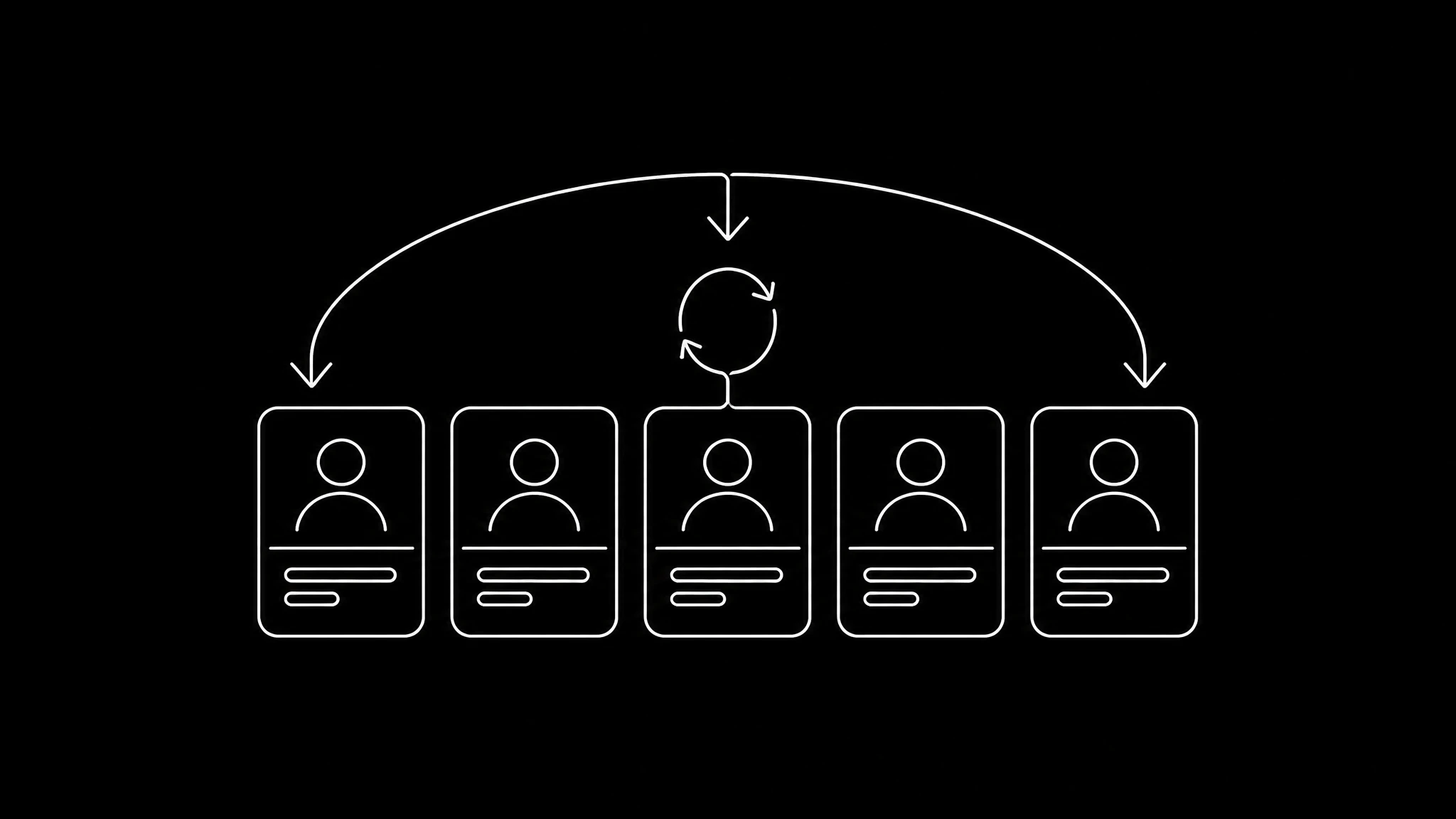 A white line drawing on black of a row of small account cards with a refresh arrow above one of them and a larger arrow above the whole row