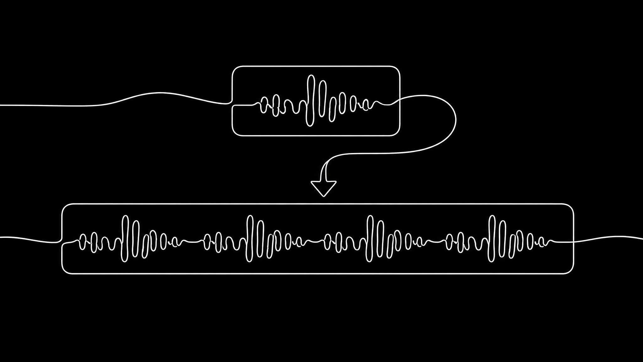 A white line drawing on black of a short waveform being copied into a longer one, showing a voice sample becoming a full spoken script