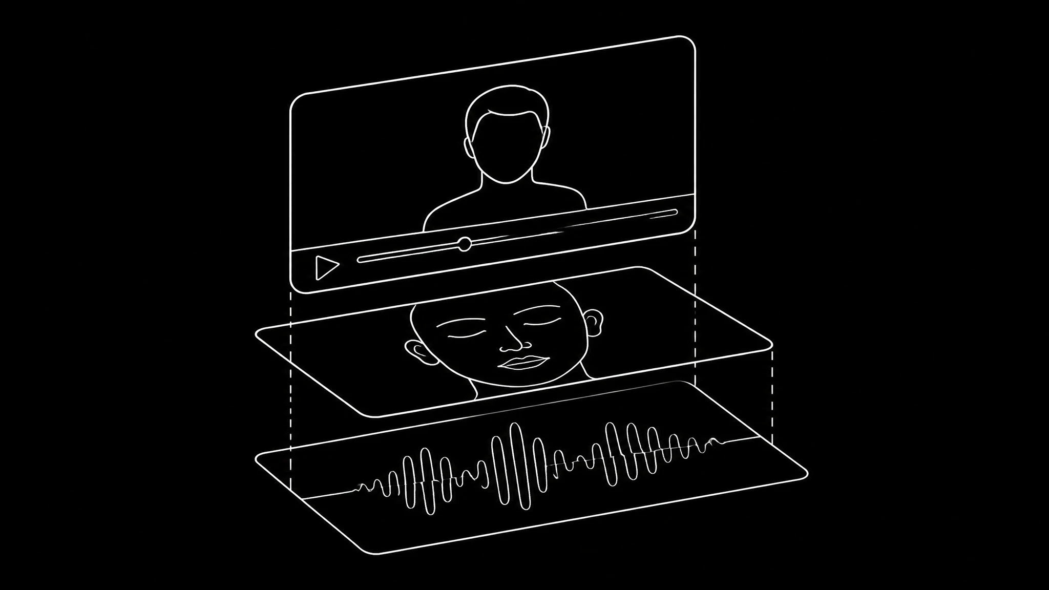A white line drawing on black of a stack of three layers, audio at the base supporting a face and then a video frame above it