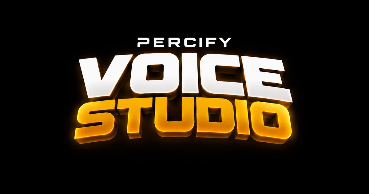The Percify Voice Studio title lockup, white and gold three dimensional lettering glowing against a black background