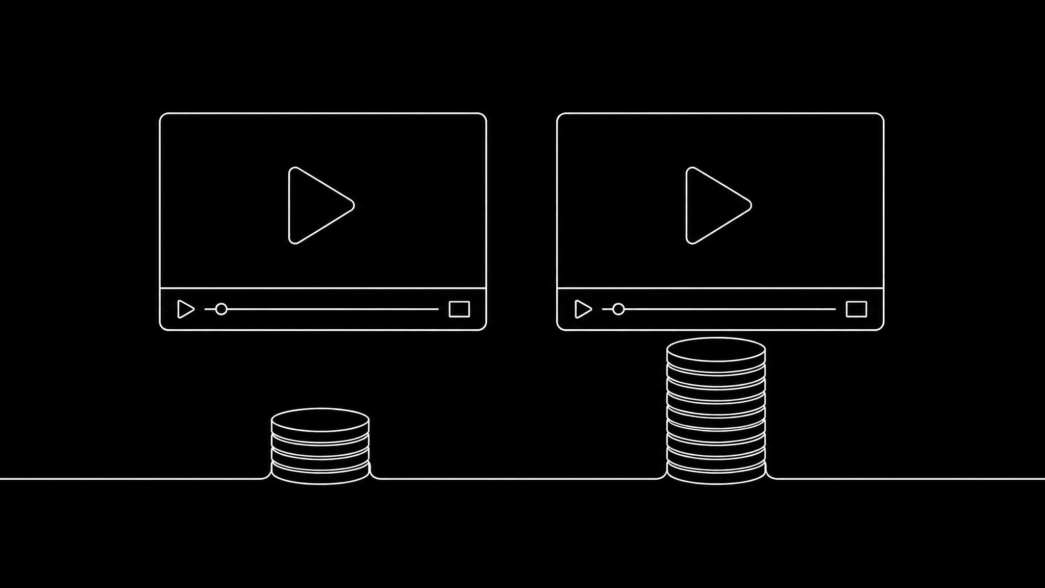 Two video frames side by side at the same display size, one labelled with a low credit cost and one with a cost more than twice as high, both looking identical at feed width