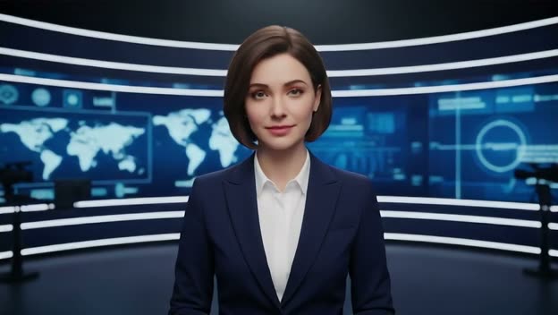 A news anchor style talking avatar made with Percify, reading a script at a desk