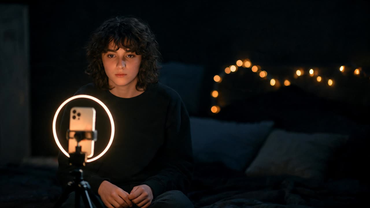 A creator recording a video with a ring light in a cosy room