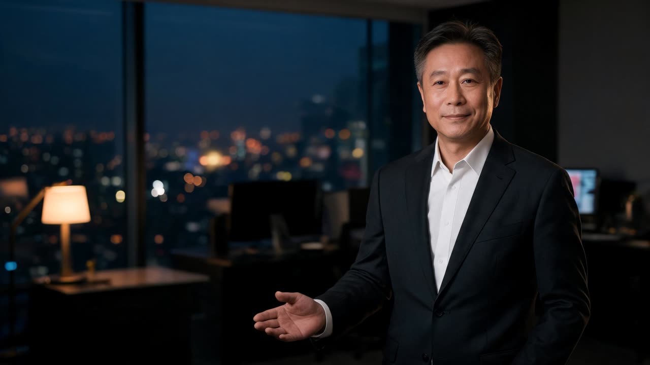 An executive presenting to camera