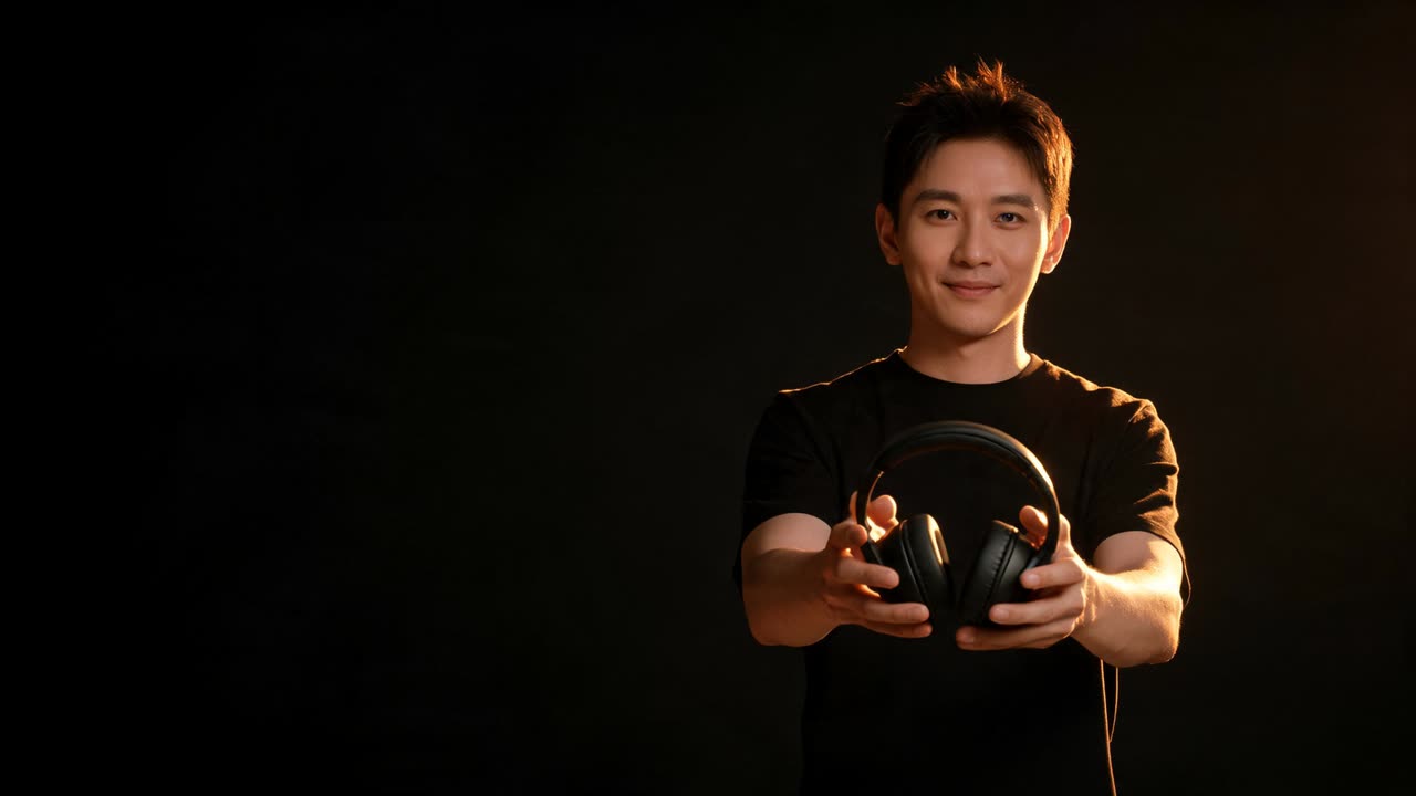 A presenter framed with a clean dark background and rim light