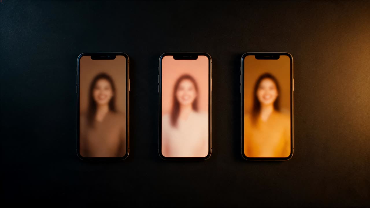 Three phones showing the same presenter in three ad versions
