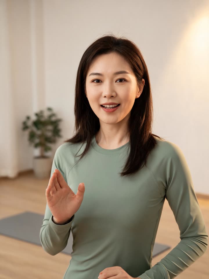 A presenter in a green top talking to camera in a bright studio