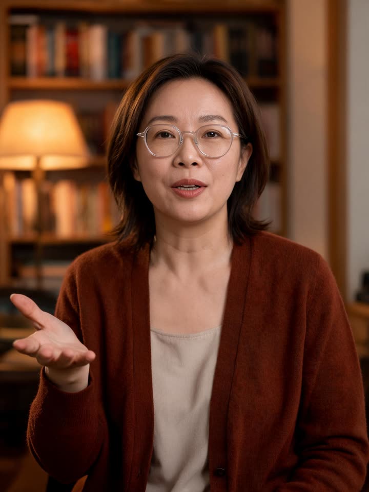 A woman in glasses explaining something to camera in a study