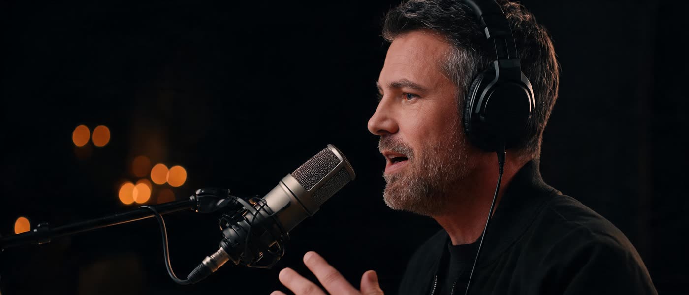 A man in headphones speaking into a studio microphone