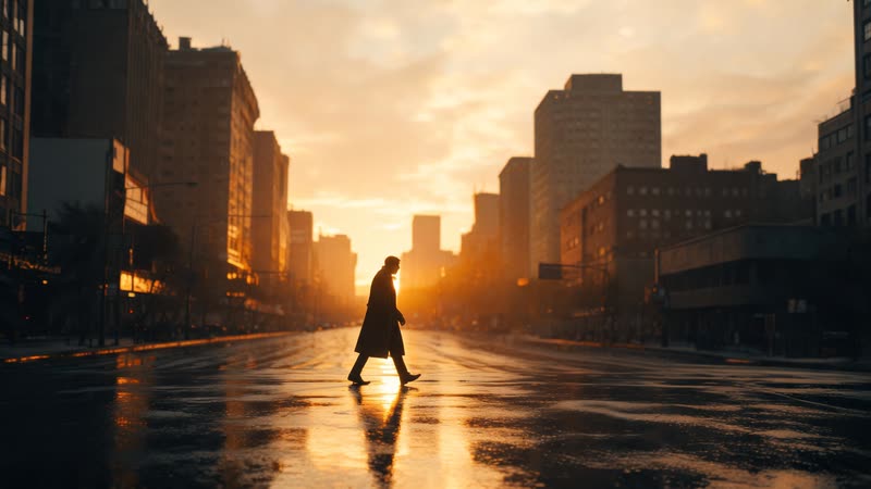 A cinematic city street at sunset