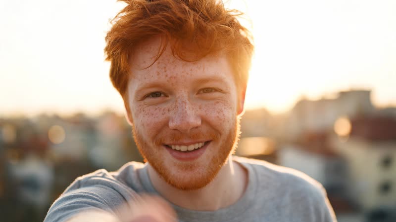 A smiling young man in golden hour light