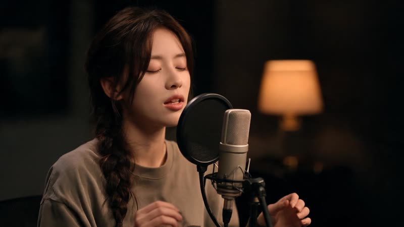 A woman recording her voice at a studio microphone in warm lamp light